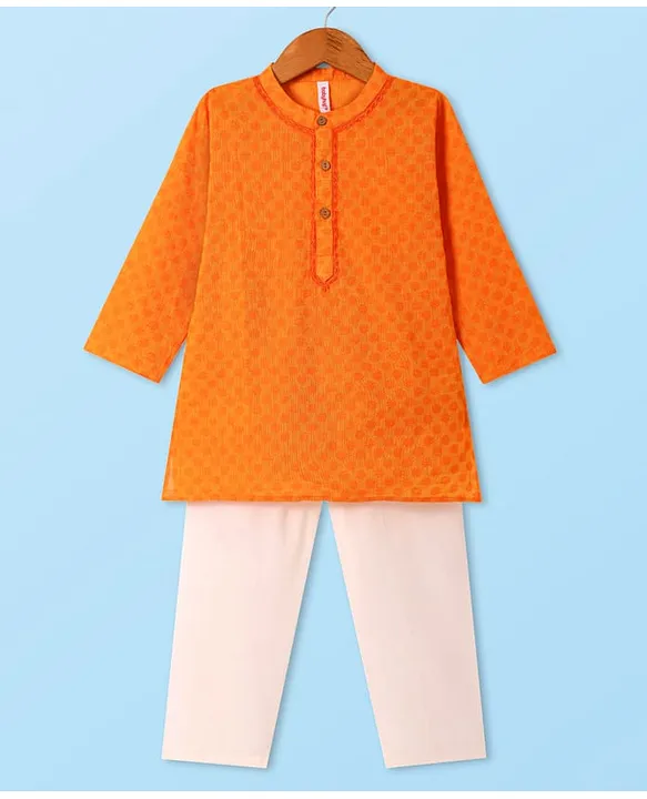 19047461a Boys Orange Embrioded Kurta Pajama Set - Image 1